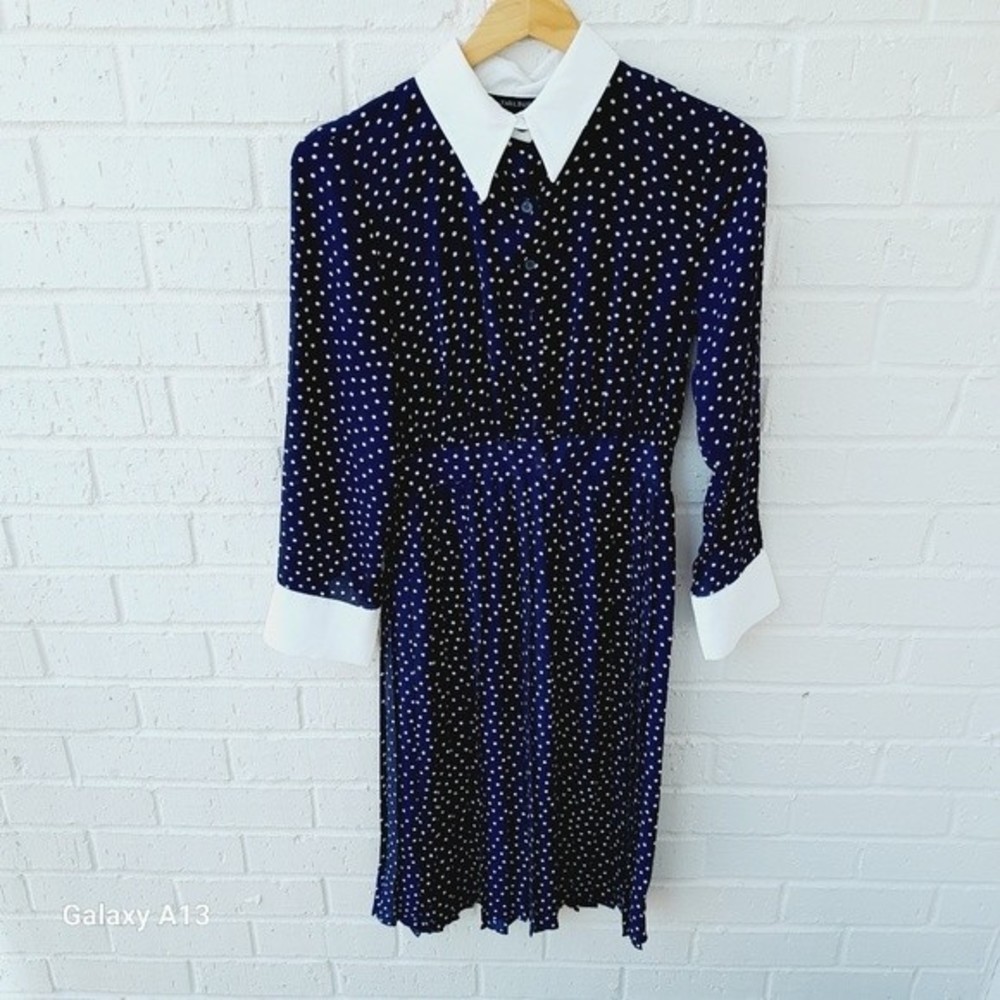 Zara Navy Blue Polka Dot Midi Dress with White Collar